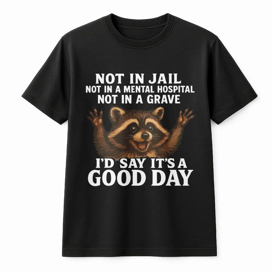 Funny Raccoon T-Shirt | Not In Jail Not In A Grave Good Day Graphic | Premium Soft Cotton Tee | Sarcastic Humor Gift For Men And Women