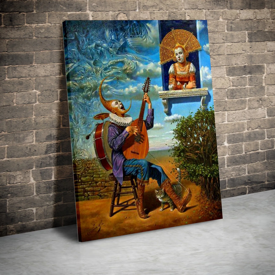 Surrealist Jester Canvas Print | Fantasy Musician and Maiden Wall Art | Premium Gallery Wrapped Canvas | Collector's Gift for Eclectic Home Decor