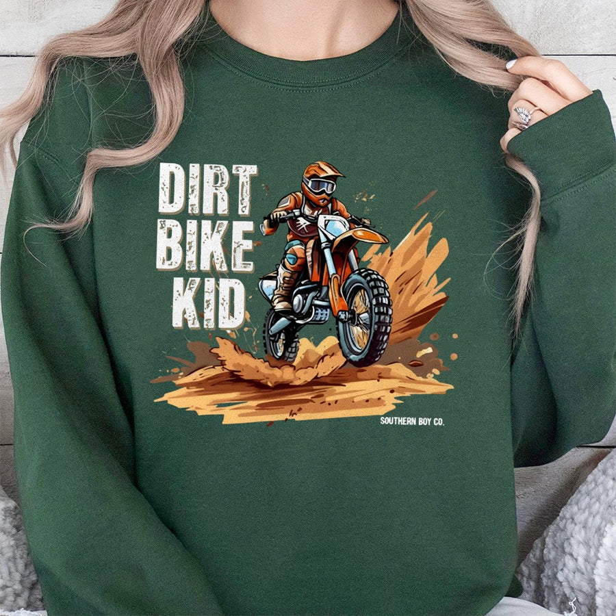 Dirt Bike Kid Sweatshirt | Motocross Racing Graphic Print | Premium Cotton Blend Unisex Crewneck | Gift for Biker Kids and Extreme Sports Fans