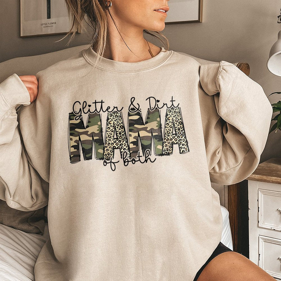 Glitter and Dirt Mama Sweatshirt | Camo and Leopard Print Graphic | Premium Soft Blend Crewneck | Funny Mom Gift for Mother's Day 2026