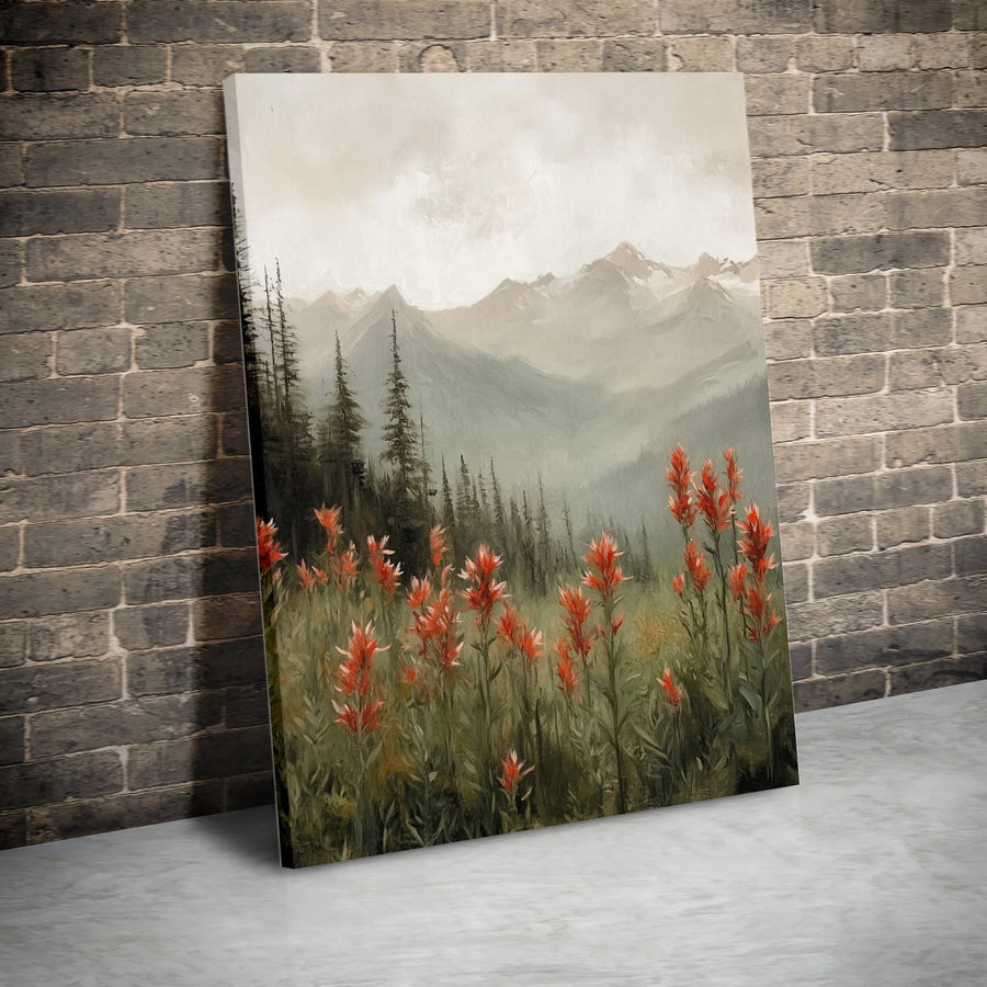 Mountain Wildflower Vertical Canvas | Vintage Landscape Painting with Red Flowers | Premium Frameless Gallery Canvas | Rustic Cabin Wall Decor Gift
