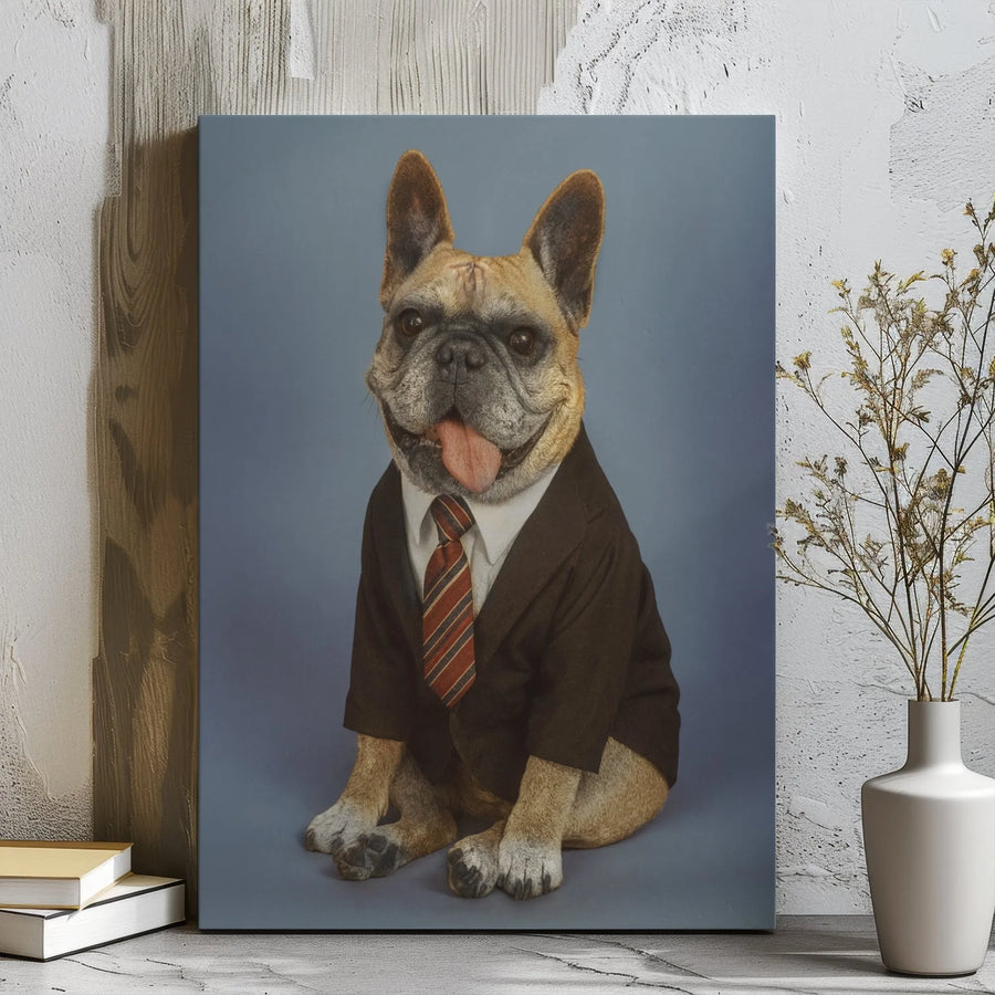 French Bulldog Office Wall Art | Business Dog in Suit Portrait | Premium Gallery Wrap Canvas | Funny Dog Lover Gift for Desk Decor
