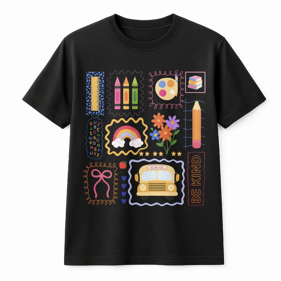 Teacher Back To School T-Shirt | Retro Doodle Classroom Supplies Graphic | Premium Soft Cotton | Cute Aesthetic Gift For Elementary Teachers
