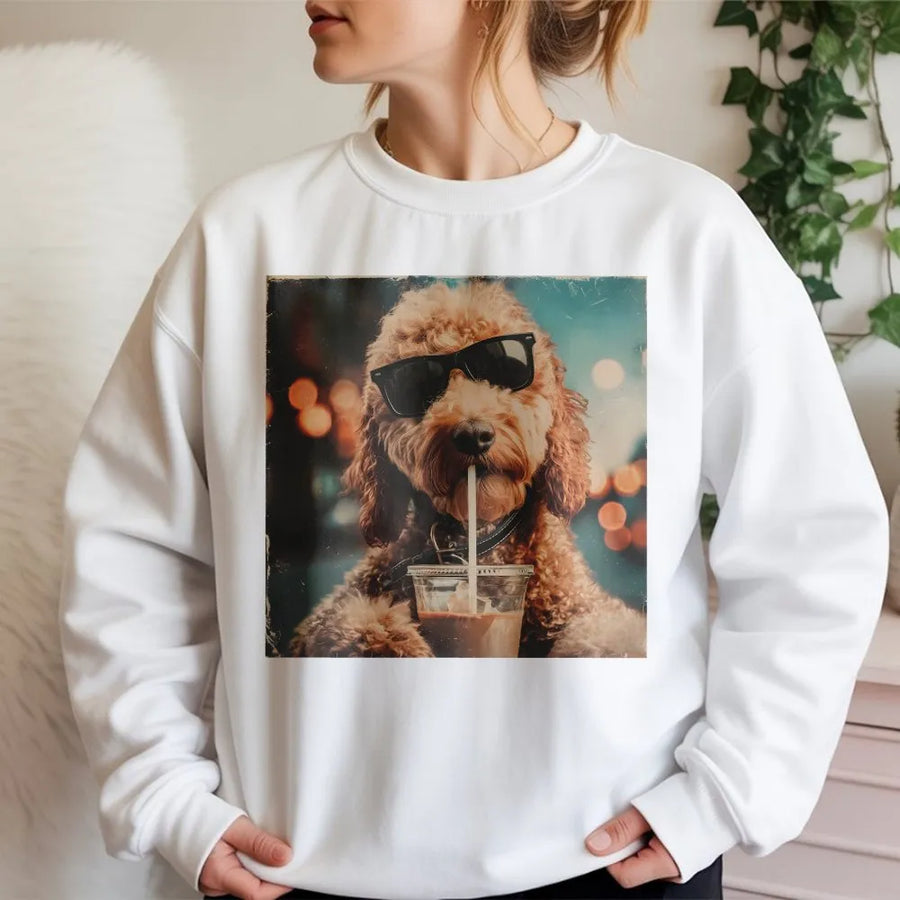 Goldendoodle Iced Coffee Sweatshirt | Retro Dog Meme Graphic | Premium Cotton Blend | Gift for Dog Mom and Coffee Lover