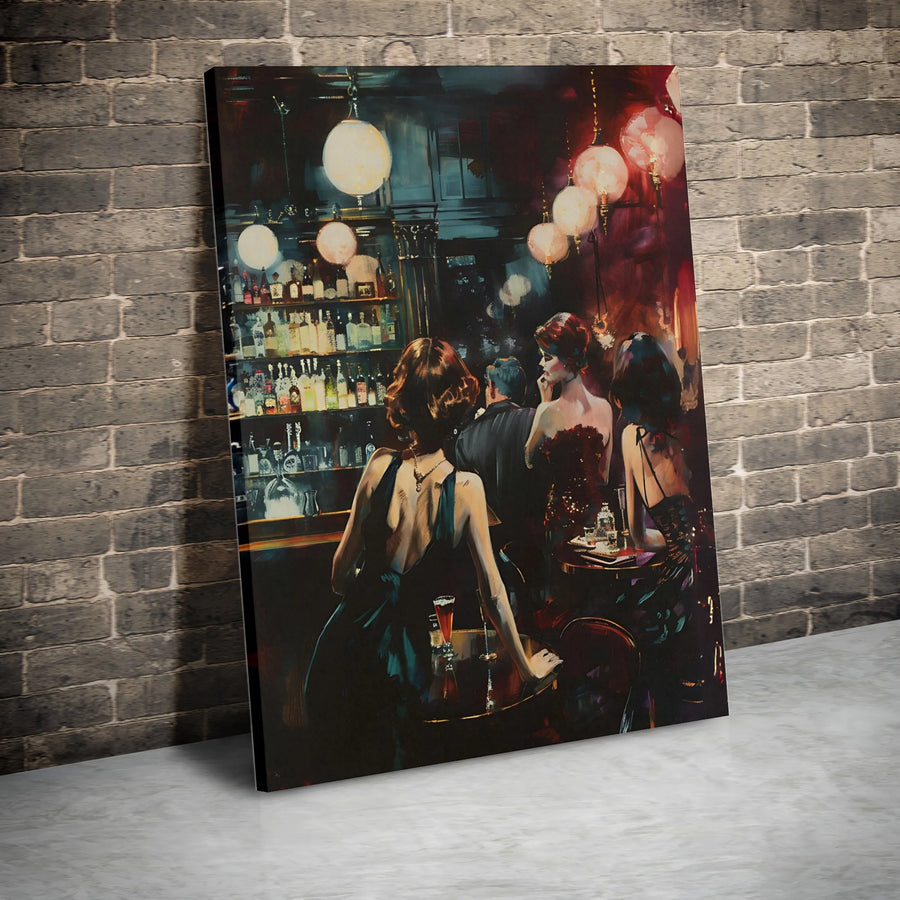 Vintage Cocktail Bar Canvas Art | Elegant Women Nightlife Scene | Premium Gallery Wrap Print | Sophisticated Home Decor Wall Art