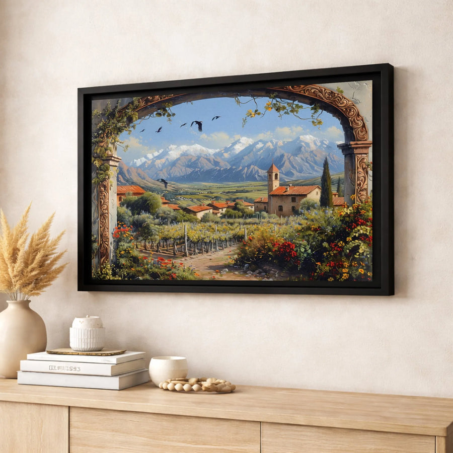 Tuscan Vineyard Canvas Wall Art | Italian Village Mountain View Through Archway | Premium Gallery Wrap Print | Mediterranean Home Decor Gift
