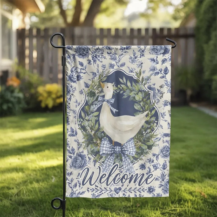Farmhouse Goose Garden Flag | Blue Floral Welcome Sign with Gingham Bow | Double Sided Polyester | Yard & Patio Decor Housewarming Gift
