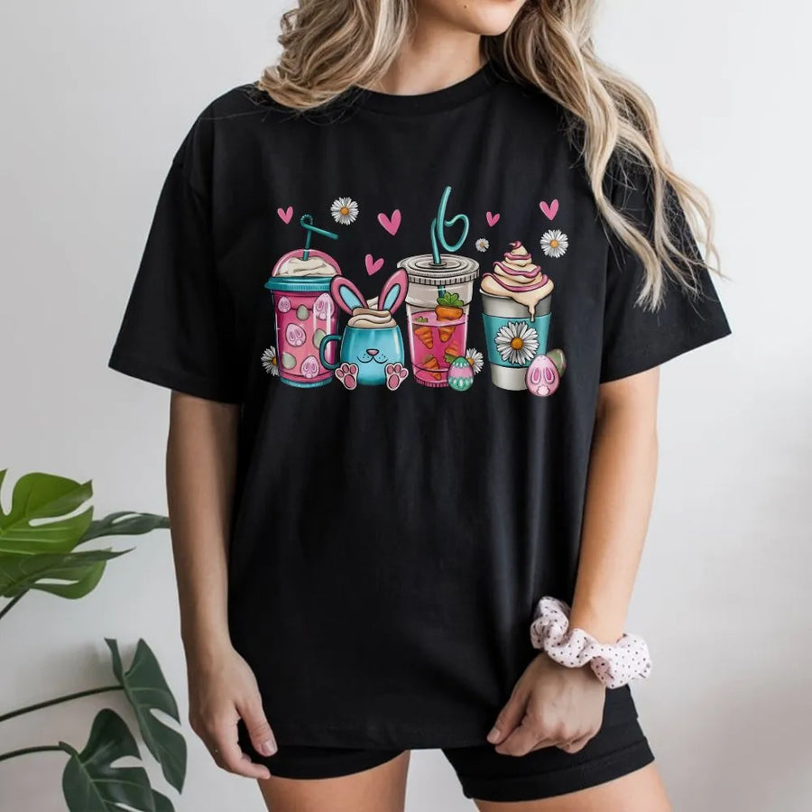 Easter Bunny Coffee T-Shirt | Cute Latte Spring Graphic Design | 100% Soft Cotton Tee | Women's Holiday Gift for Coffee Lovers