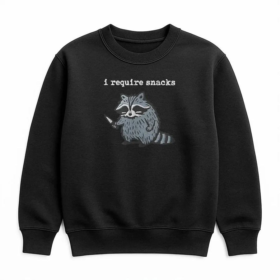 I Require Snacks Raccoon Sweatshirt | Funny Knife Raccoon Graphic | Premium Cotton Blend Crewneck | Cute Animal Lover Gift for Snack Lovers
