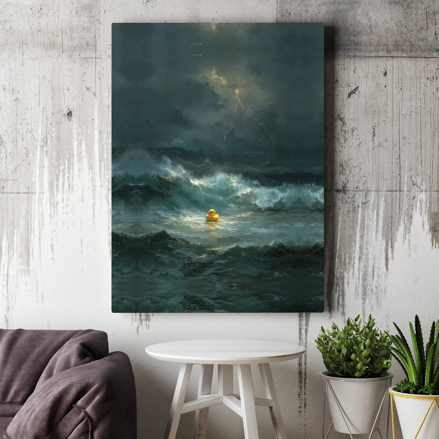Rubber Duck in Storm Canvas Art | Surreal Ocean Lightning Painting | Premium Framed Canvas Print | Unique Office & Living Room Decor Gift