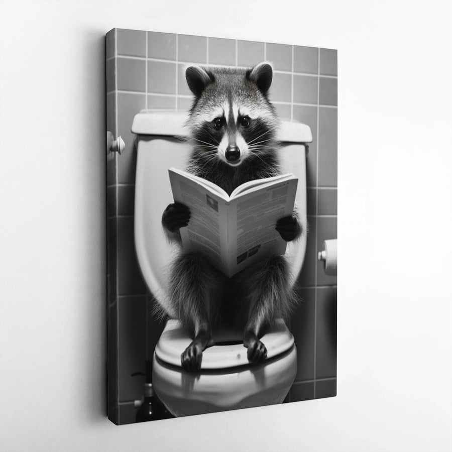 Funny Raccoon Reading Newspaper on Toilet Canvas Art | Whimsical Bathroom Wall Decor | Premium 1.25" Gallery Wrap | Unique Restroom Gift Idea
