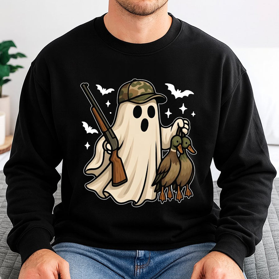 Funny Duck Hunter Ghost Sweatshirt | Halloween Hunting Camo Hat Graphic | Premium Cotton Blend | Gift For Hunters Outdoorsmen