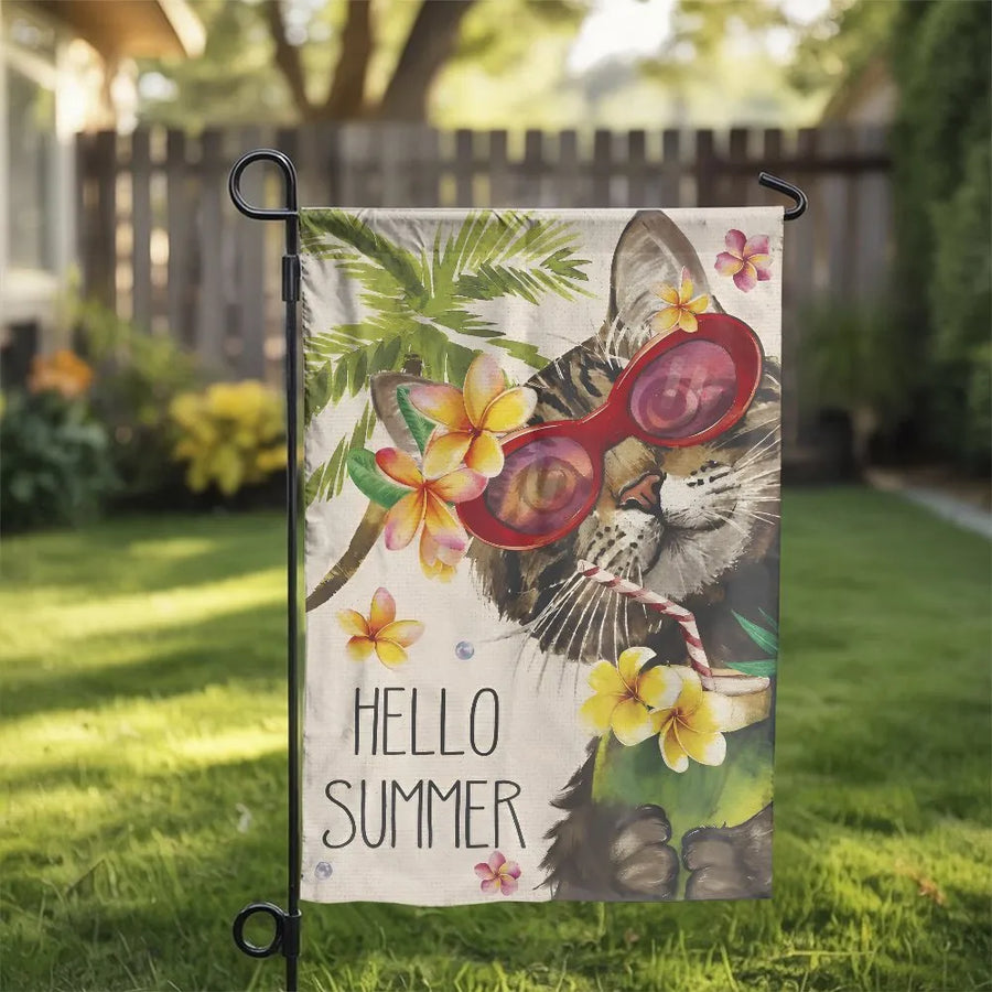 Hello Summer Cat Garden Flag | Funny Kitten in Sunglasses Tropical Floral Design | Double-Sided Premium Polyester Weather Resistant | Fun Yard Outdoor Decor Gift for Cat Lovers