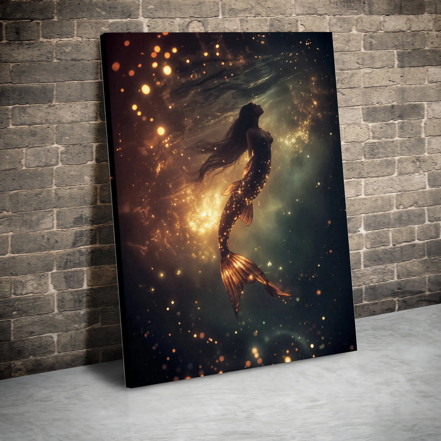 Mystical Mermaid Canvas Wall Art | Golden Light Underwater Fantasy Print | Premium Fade-Resistant Ink | Mythical Home Decor Gift