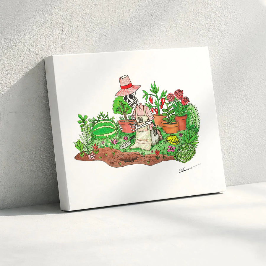 Gardening Skeleton Wall Art | Whimsical Plant Lover Illustration | Premium Gallery Wrapped Canvas | Unique Gift For Gardeners And Botanists
