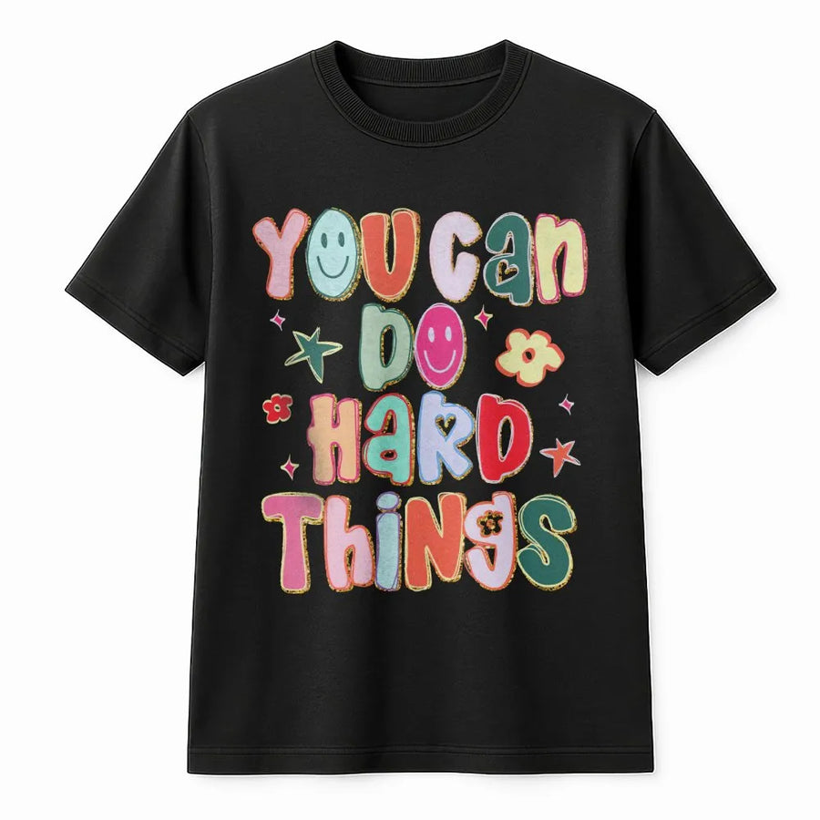 You Can Do Hard Things T-Shirt | Retro Smiley Face Graphic Tee | Premium 100% Cotton | Inspirational Teacher Gift and Positivity Shirt