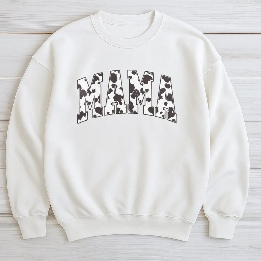 Cow Print Mama Sweatshirt | Western Cowgirl Varsity Graphic Pullover | Premium Cotton Blend | Cute Country Farm Mom Gift for Her