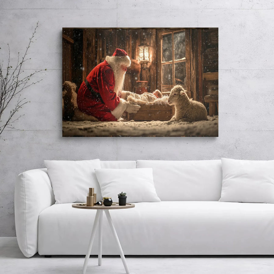 Nativity Scene Canvas Art | Santa Claus Kneeling At Manger | Premium Gallery Wrapped Wall Decor | Christian Christmas Holiday Gift for Home