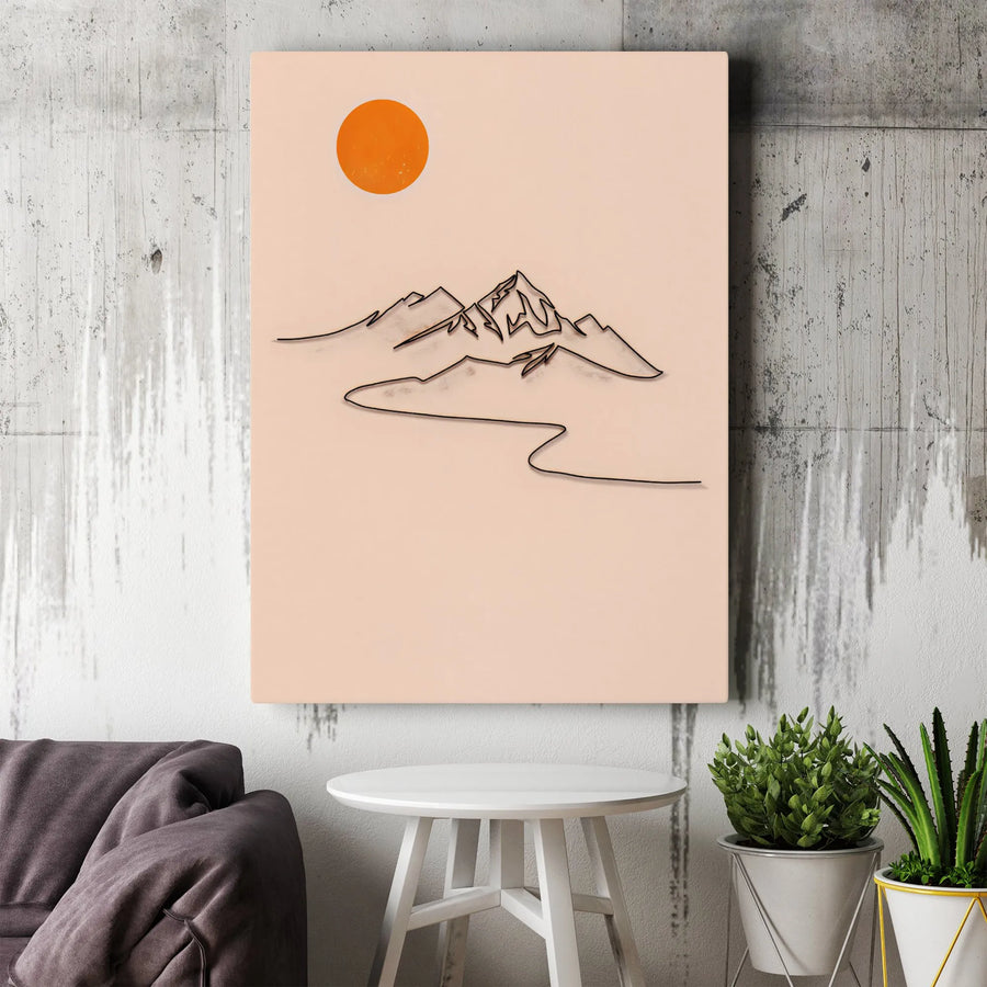 Minimalist Mountain Line Art Canvas | Abstract Sun Landscape Print | Premium 1.25" Gallery Wrap | Modern Neutral Home Decor Wall Art