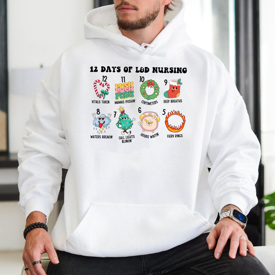 12 Days Of L&D Nursing Hoodie | Funny Labor And Delivery Nurse Christmas Sweatshirt | Soft Cotton-Polyester Blend | Holiday Gift For Healthcare Workers
