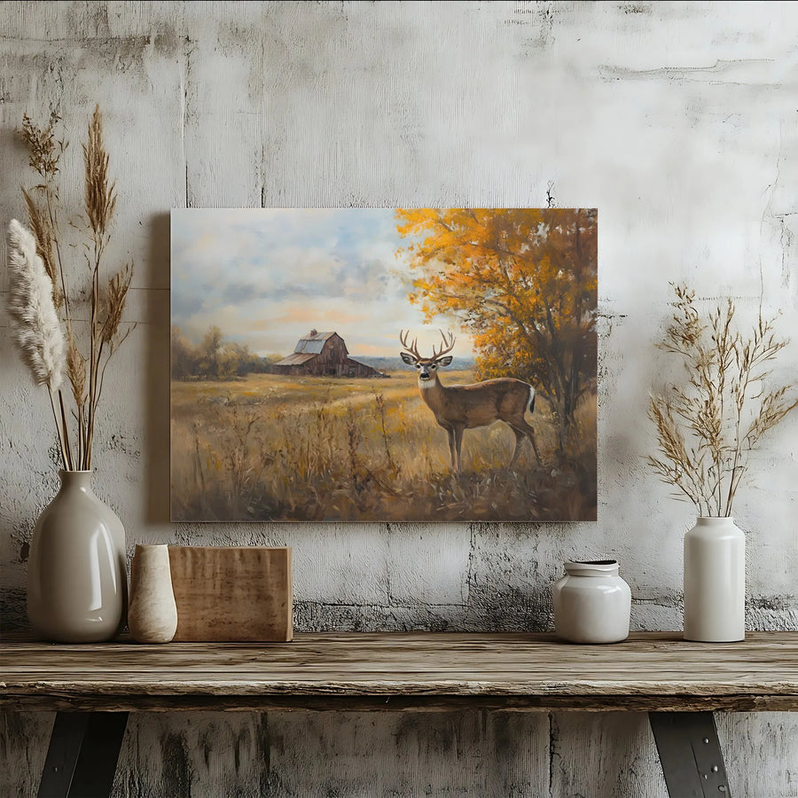 Rustic Deer Canvas Wall Art | Whitetail Buck & Autumn Barn Landscape | Premium Gallery Print | Farmhouse Cabin Decor Gift for Hunter