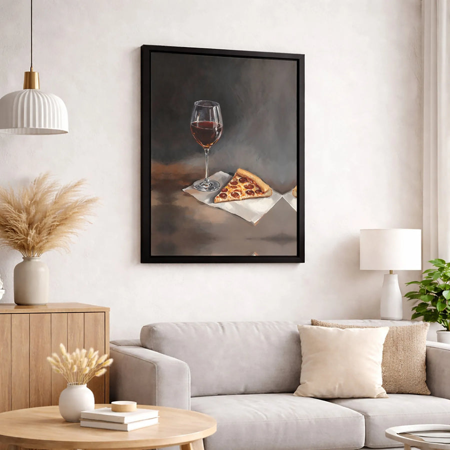 Wine and Pizza Canvas Print | Modern Still Life Oil Painting Style | Premium 1.25-Inch Gallery Wrap | Kitchen and Dining Room Wall Decor