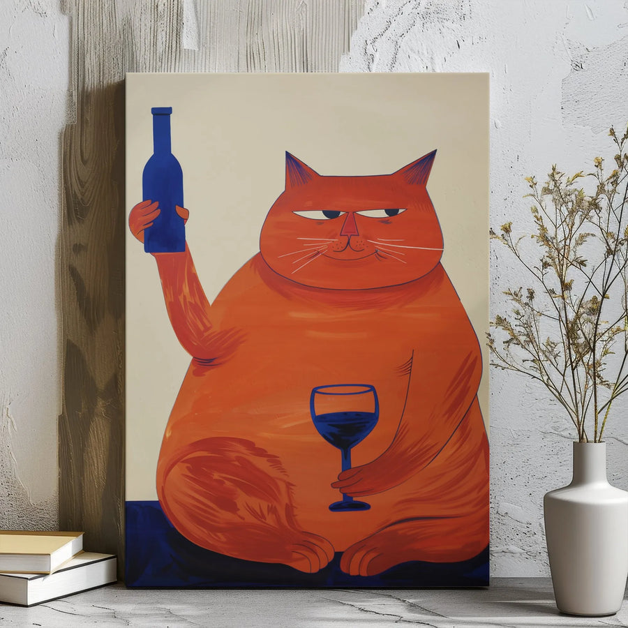 Funny Orange Cat Canvas Wall Art | Whimsical Wine Lover Painting | 1.25" Gallery Wrapped Premium Print | Perfect Gift for Cat Moms & Wine Enthusiasts