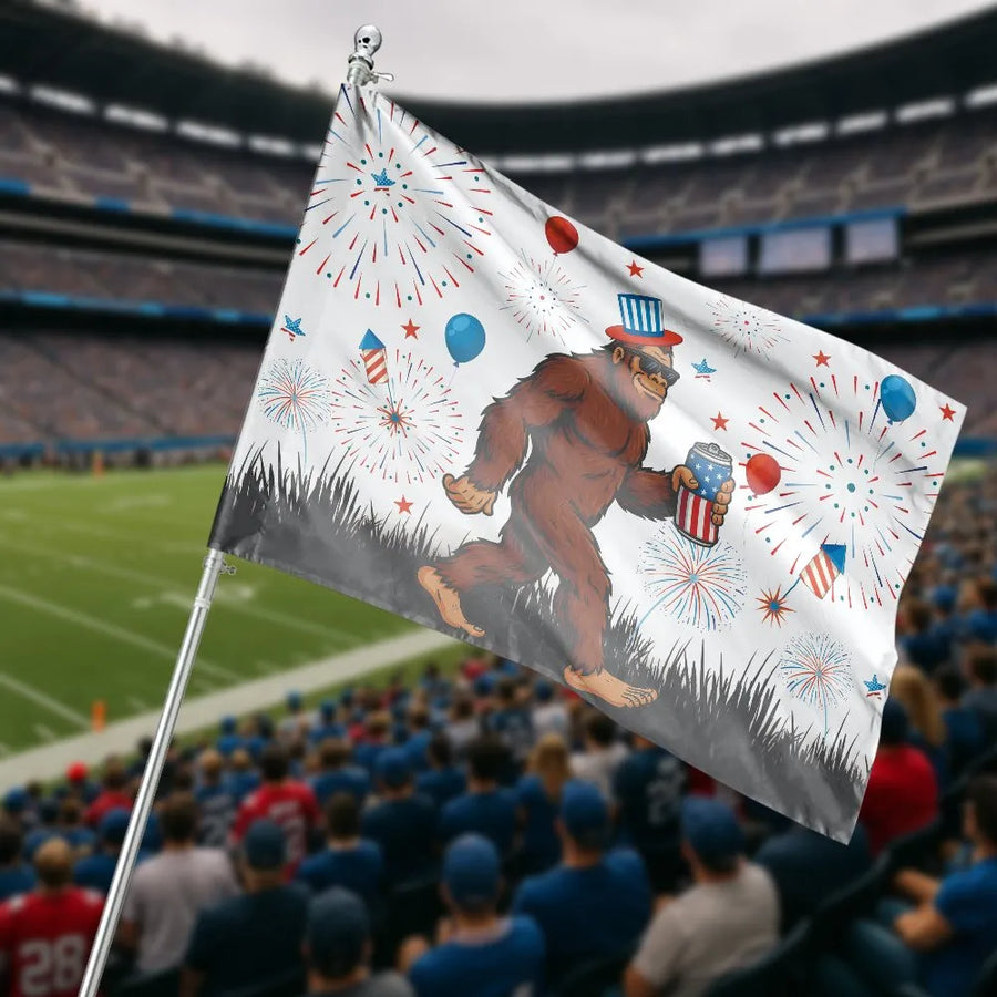 Patriotic Bigfoot House Flag | Funny 4th of July Sasquatch with Fireworks | Double-Sided Weatherproof Polyester | American Pride Yard Decor Gift