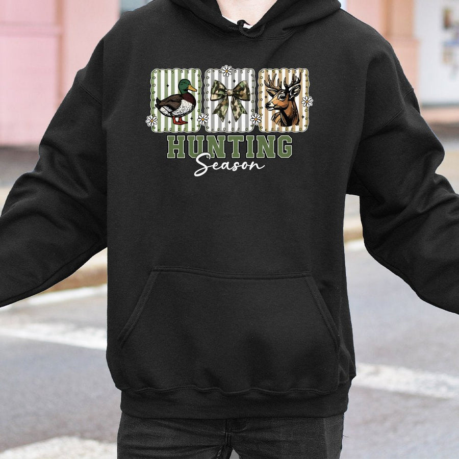 Hunting Season Hoodie | Preppy Camo Bow Deer and Duck Graphic | Premium Cotton Blend | Gift for Women and Outdoorsy Girls
