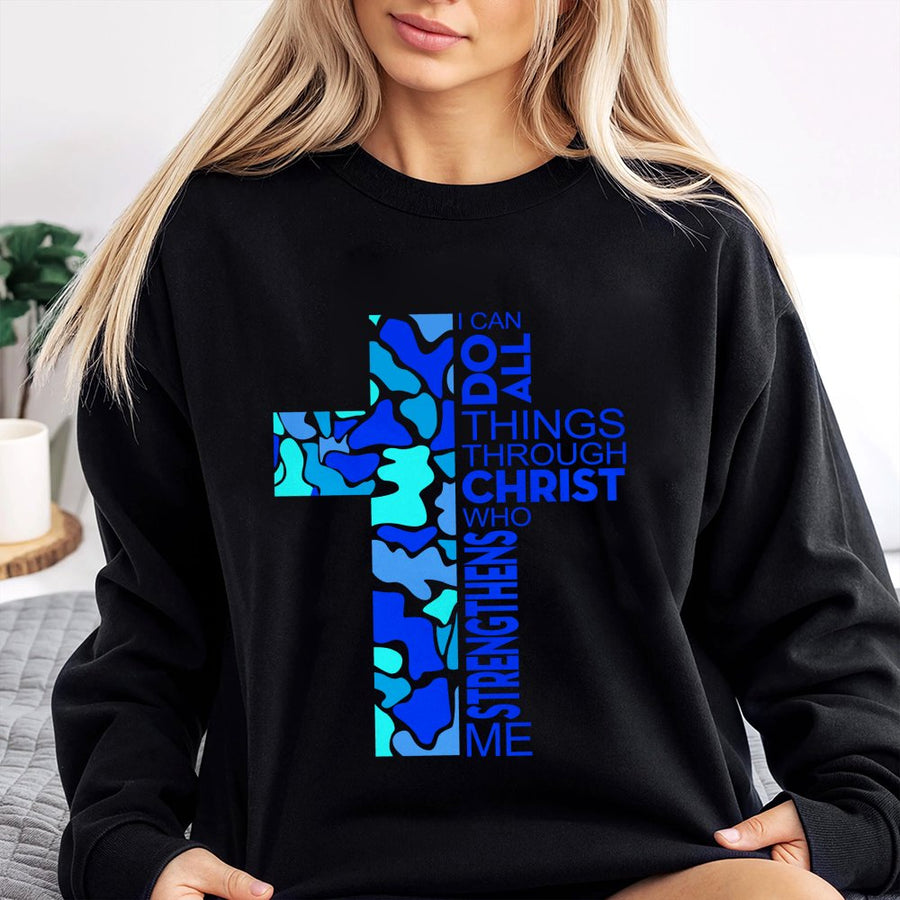 Christian Sweatshirt | Blue Camo Cross Philippians 4:13 | Premium Cotton Blend | Religious Faith Gift for Men and Women