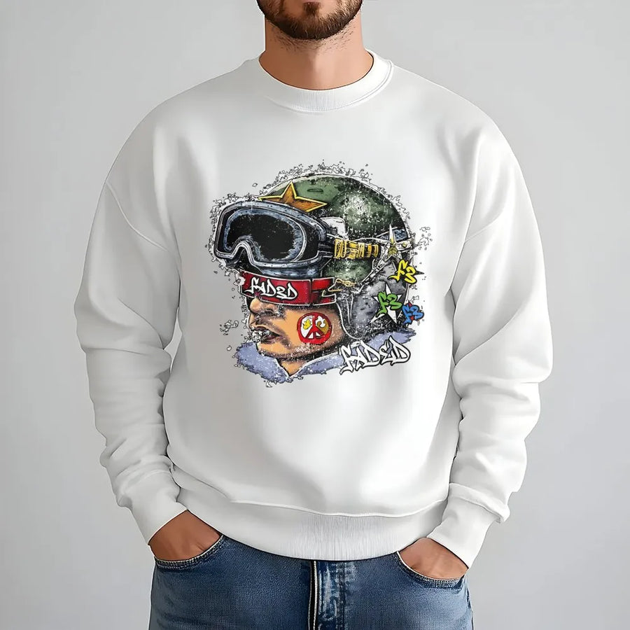 Graphic Streetwear Sweatshirt | Army Goggles Helmet Graffiti Print | Unisex Premium Cotton Blend | Y2K Aesthetic Urban Gift for Him