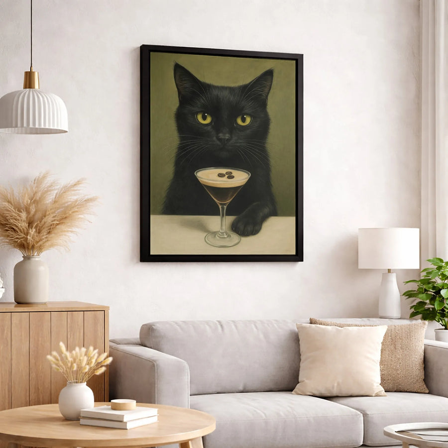 Black Cat Espresso Martini Wall Art | Whimsical Kitchen Wall Decor | Premium 1.25-Inch Gallery Wrapped Canvas | Coffee Lover Gift Idea