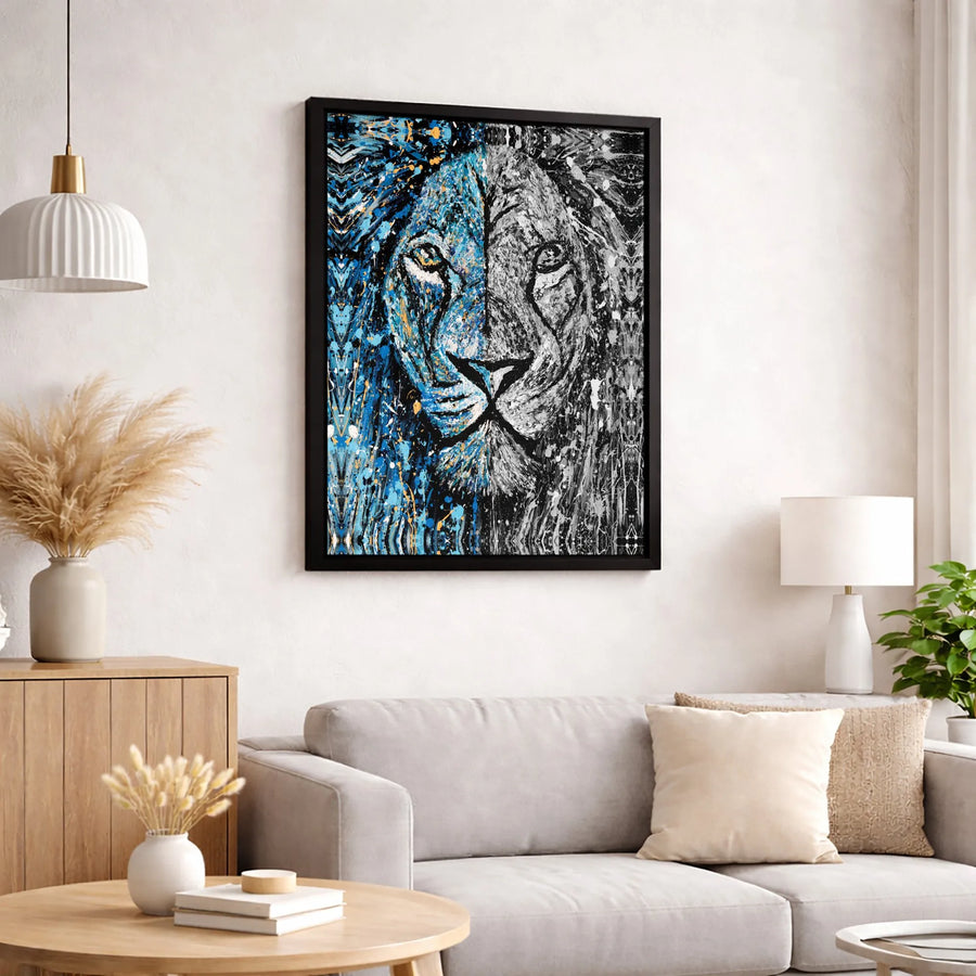 Abstract Lion Canvas Wall Art | Split Face Paint Splatter Print | Premium Gallery-Wrapped 1.25" Profile | Bold Office and Home Decor Gift