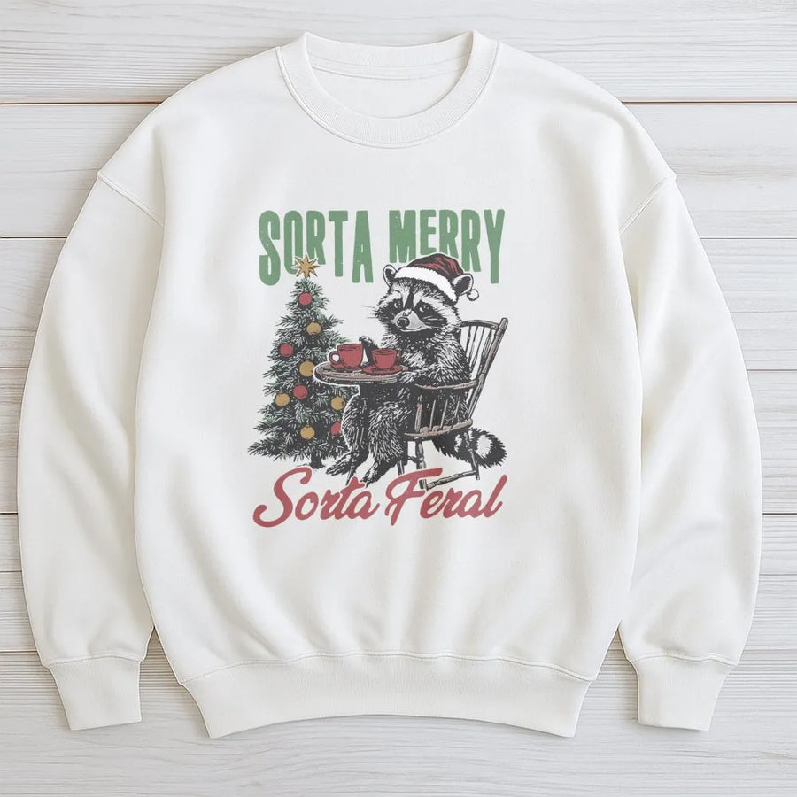 Sorta Merry Sorta Feral Raccoon Sweatshirt | Funny Christmas Holiday Graphic | Premium Cotton Blend | Gift For Animal Lovers And Humor Fans