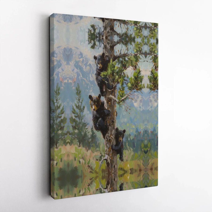 Bear Cubs Canvas Wall Art | Three Cubs Climbing Tree Painting | Premium 1.25" Gallery Wrapped Canvas | Rustic Lodge Decor Gift for Nature Lovers