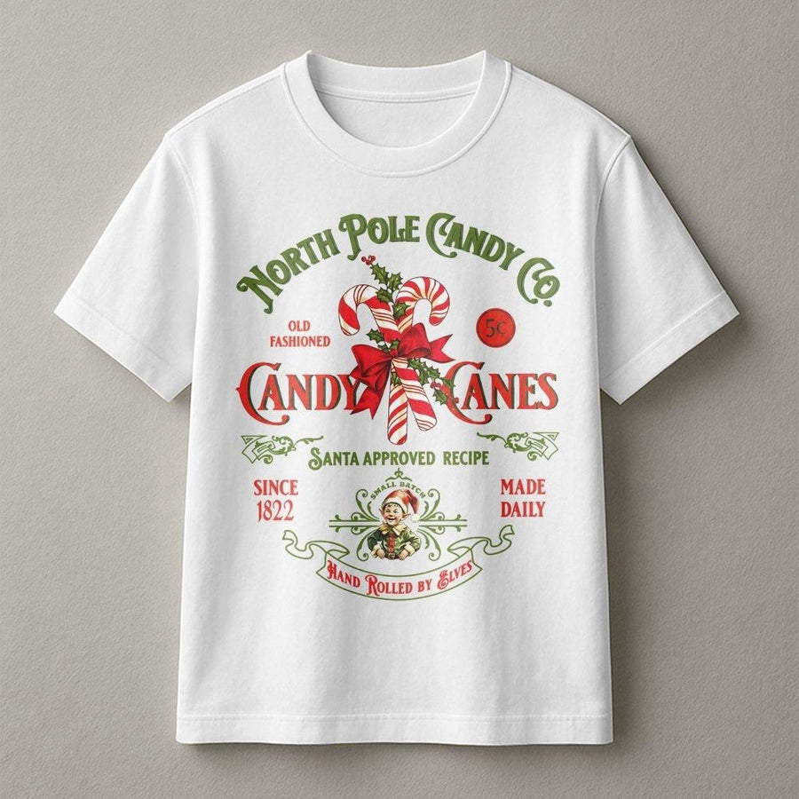 Christmas Candy Cane T-Shirt | Vintage North Pole Candy Co Design | Premium 100% Cotton | Festive Holiday Gift for Candy Lovers