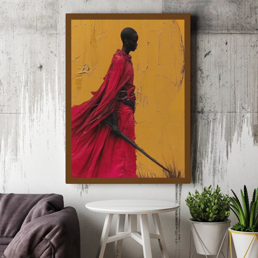African Warrior Canvas Wall Art | Red Robe Fantasy Portrait | Premium Gallery Wrap Print | Cultural Decor for Living Room Office