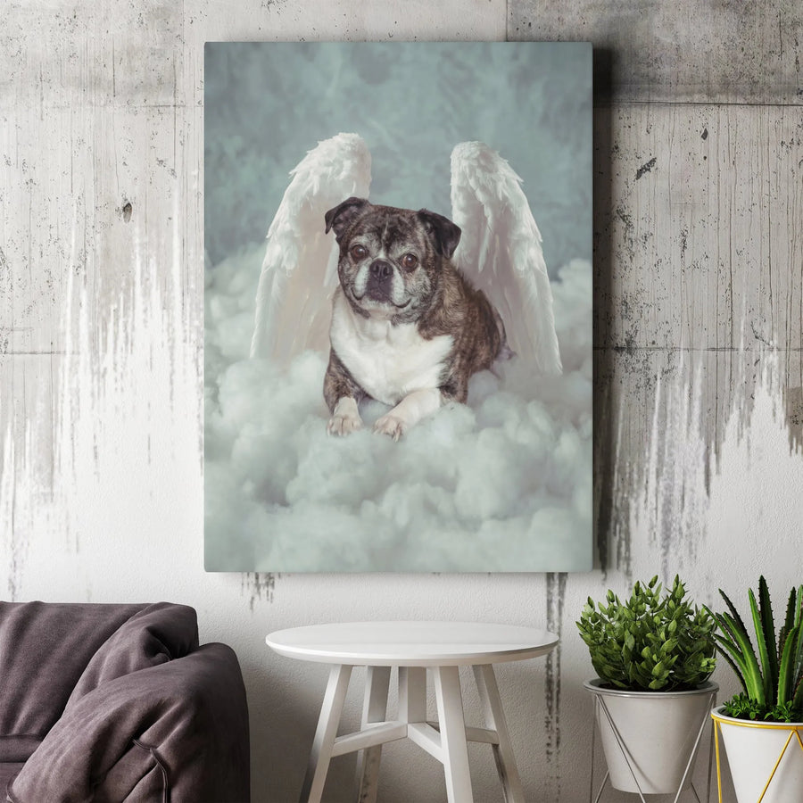 Dog Memorial Canvas Print | Brindle Pug Angel on Cloud Art | Premium Gallery Canvas | Sympathy Gift for Pet Loss Remembrance