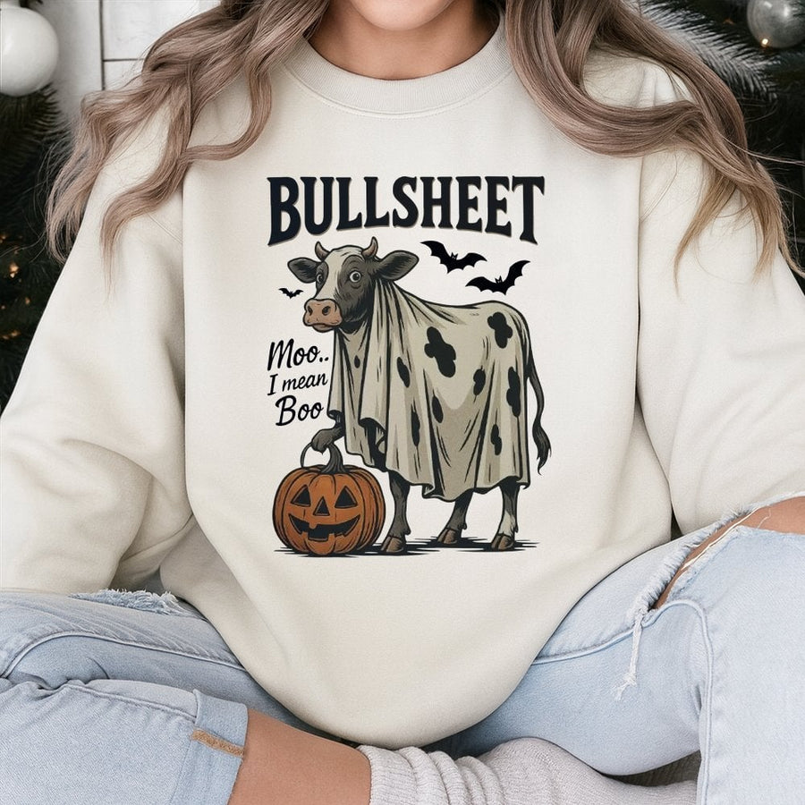 Halloween Bullsheet Sweatshirt | Funny Cow Ghost Pumpkin Costume | Cotton Blend Cozy Crewneck | Unique Fall Gift For Cow Lovers