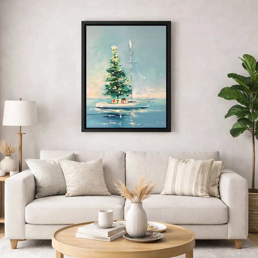 Christmas Tree on Sailboat Canvas Wall Art | Nautical Coastal Holiday Decor | Gallery Quality Premium Print | Coastal Christmas Gift for Sailors