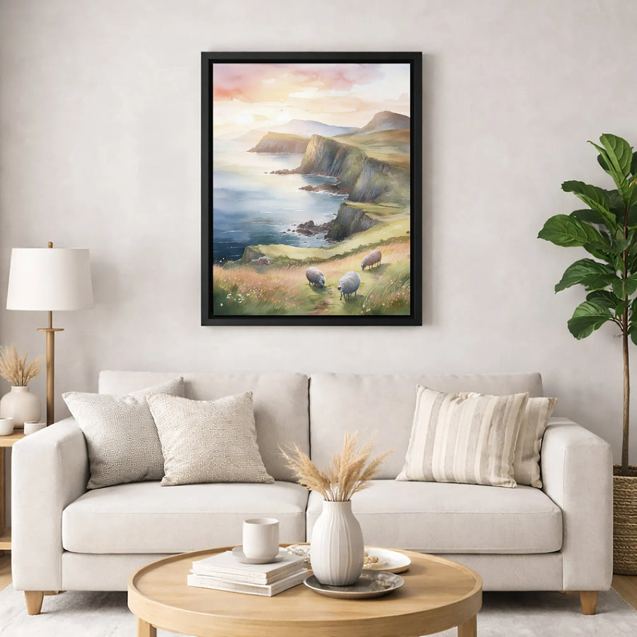 Coastal Sheep Painting Canvas | Watercolor Irish Landscape Art | Gallery-Quality 1.25 Inch Thick Profile | Scenic Nature Wall Decor for Home
