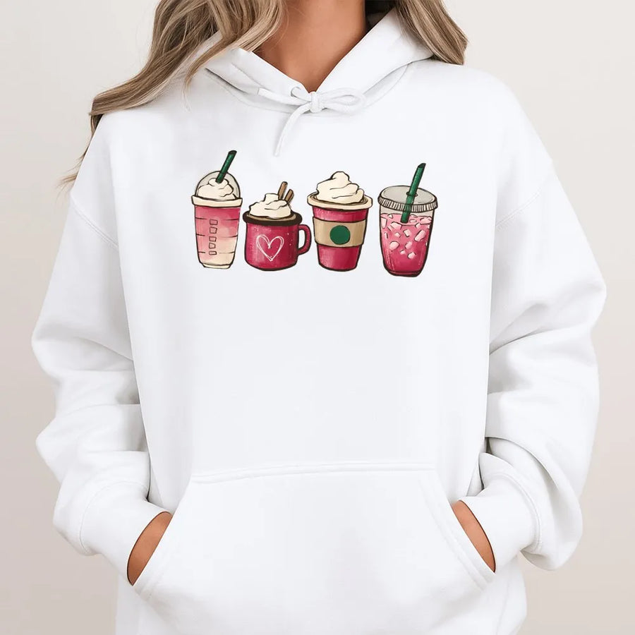 Valentine Coffee Hoodie | Heart Drinks Graphic Illustration | Premium Cotton-Poly Blend | Cute Valentines Day Gift for Coffee Lovers