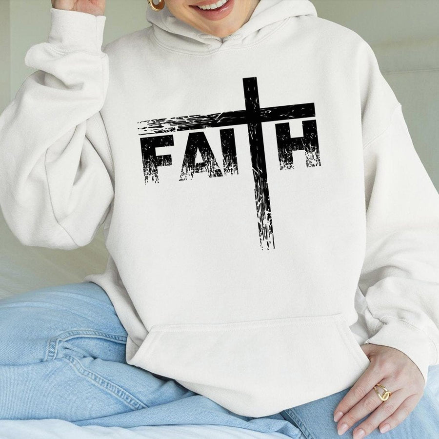 Faith Cross Hoodie | Distressed Typography Graphic Print | Premium Cotton Blend | Christian Religious Gift for Men and Women