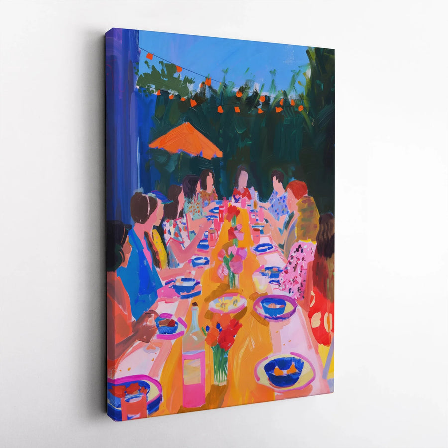 Colorful Dinner Party Vertical Canvas | Vibrant Abstract Friends Dining Scene | Premium Thick Gallery Canvas | Modern Home Decor Gift