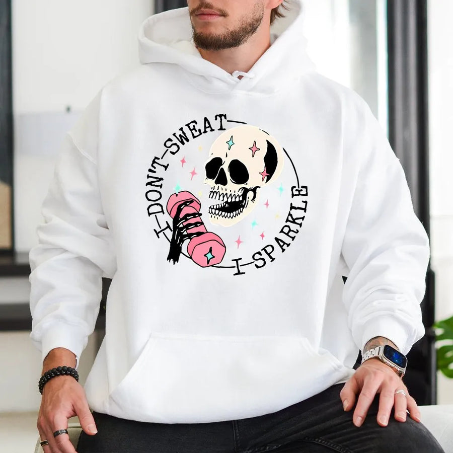 Funny Workout Hoodie | I Don't Sweat I Sparkle Skull Graphic | Premium Cotton | Gift for Weightlifter Woman