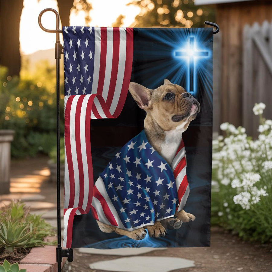 French Bulldog Garden Flag | Patriotic American Flag & Cross Design | Premium Weather-Resistant Polyester | USA Garden Decor Gift for Dog Lovers