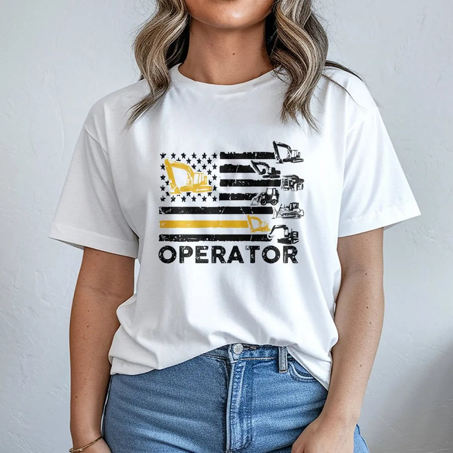 Heavy Equipment Operator T-Shirt | American Flag Construction Design | Premium Soft Cotton | Patriotic Gift for Excavator Operators