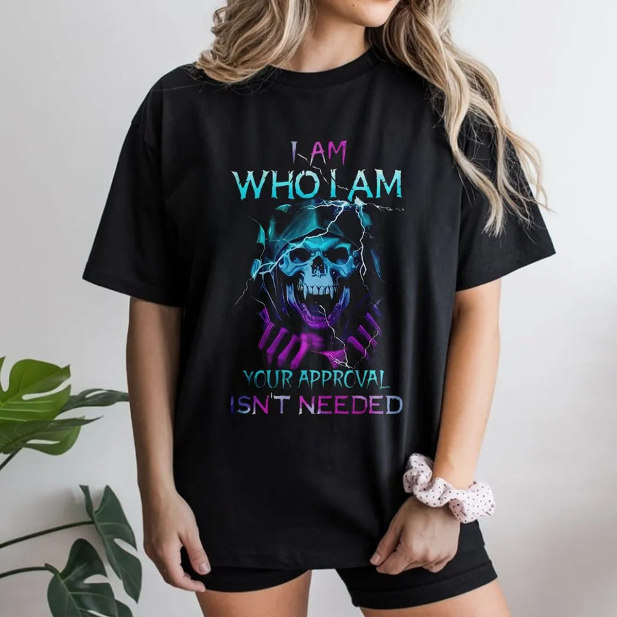 I Am Who I Am Skull T-Shirt | Edgy Neon Lightning Graphic | Premium Soft Cotton Tee | Empowering Sarcastic Gift for Men and Women