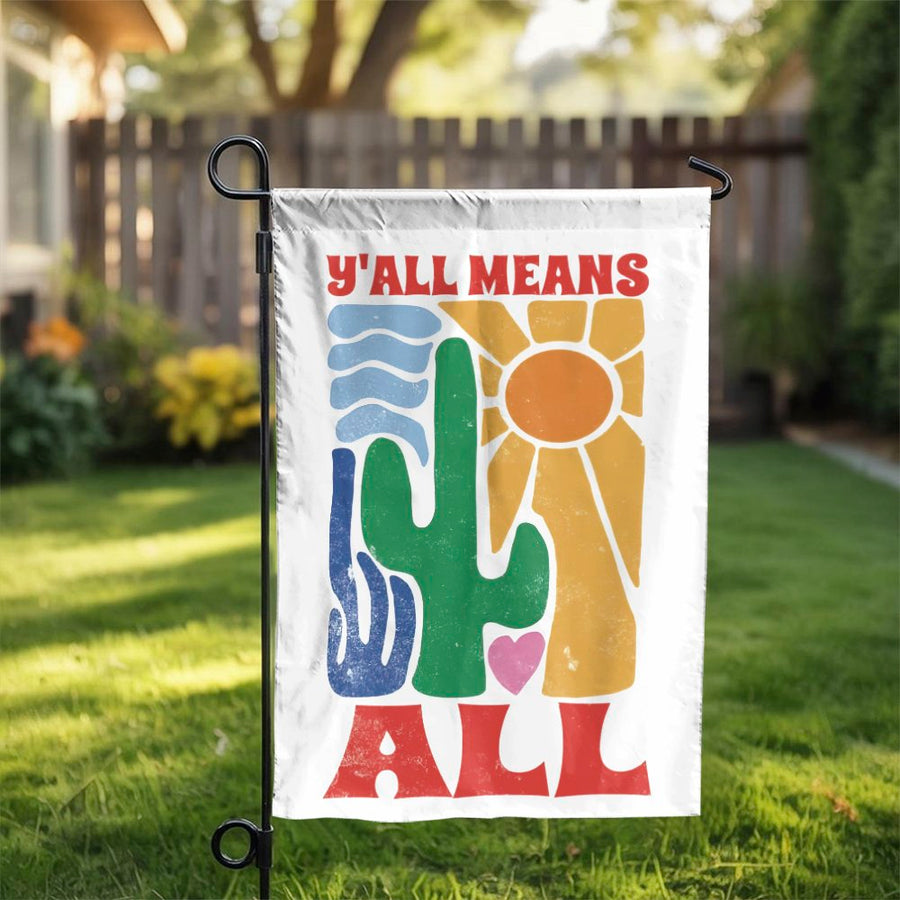 Y'all Means All Garden Flag | Retro Southwestern Cactus Sun Decor | Premium Weather-Resistant Polyester | Welcoming Outdoor Yard Sign Gift
