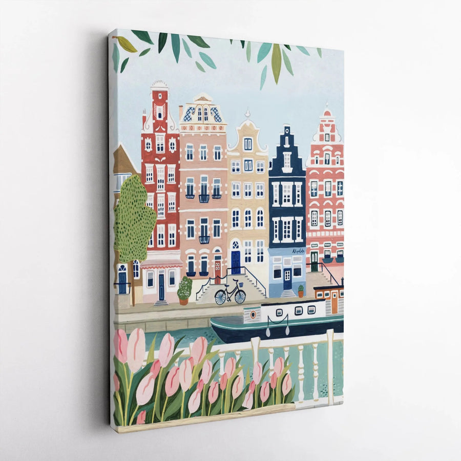Amsterdam Canal House Canvas Print | Whimsical Cityscape With Tulips & Houseboat | Gallery Wrapped 1.25" Premium Wood Frame | Travel Inspired Home Decor Wall Art